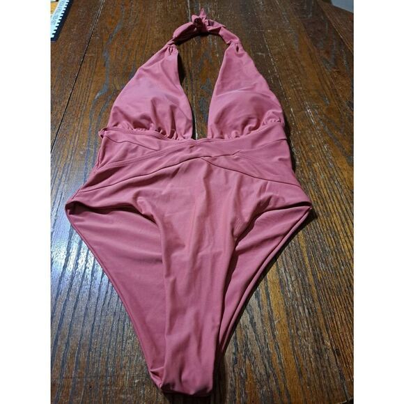 6 Zaful Pink Brick Red Halter Neck Deep Plunge One Piece Swimsuit Bathing Suit - Picture 5 of 10